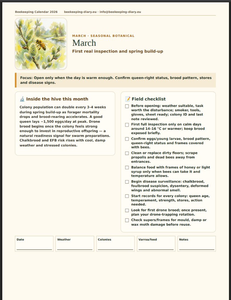 March page of the Beekeeping Calendar 2026 — first real inspection and spring build-up checklist