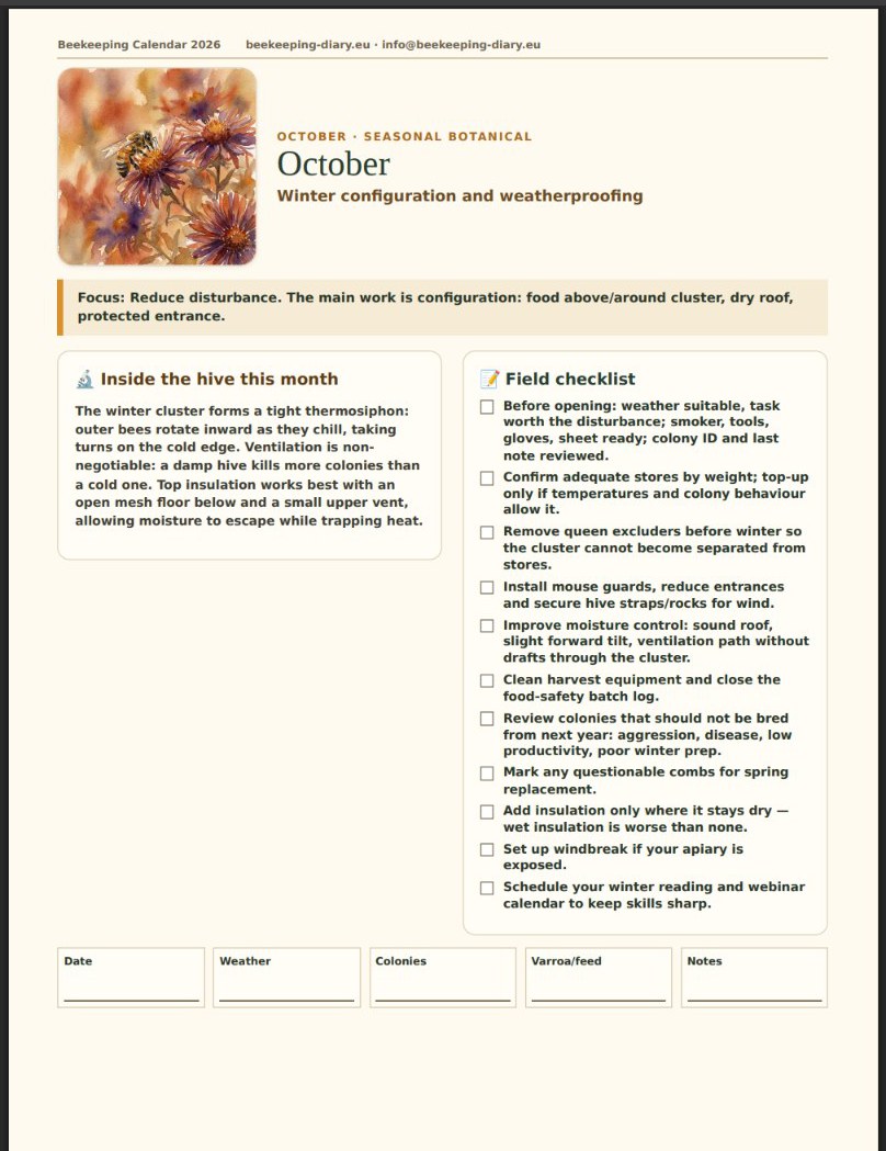 October page of the Beekeeping Calendar 2026 — winter configuration and weatherproofing