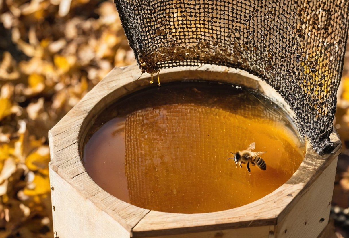 Bees taking sugar syrup from a screened feeder in autumn