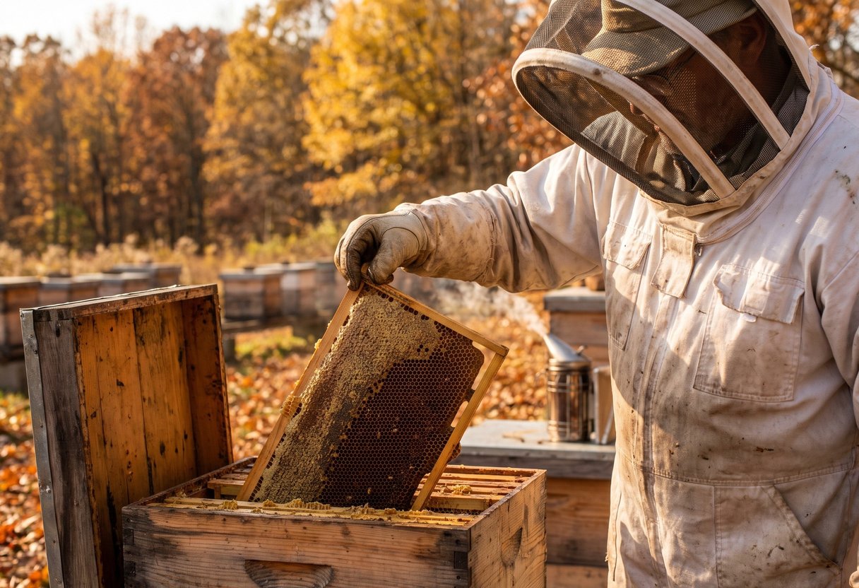 Beekeeper lifting a honey frame during the final October hive inspection