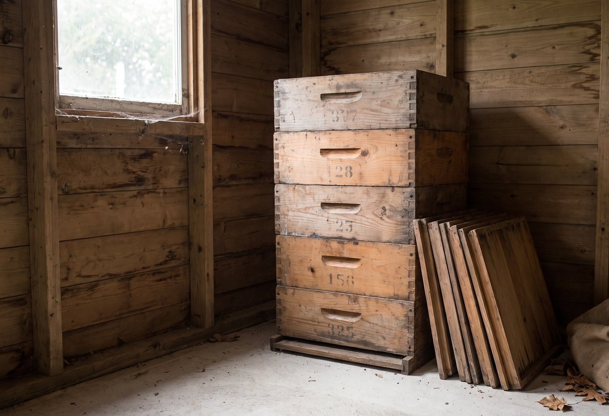 Beekeeping workshop with frames and boxes stored for winter