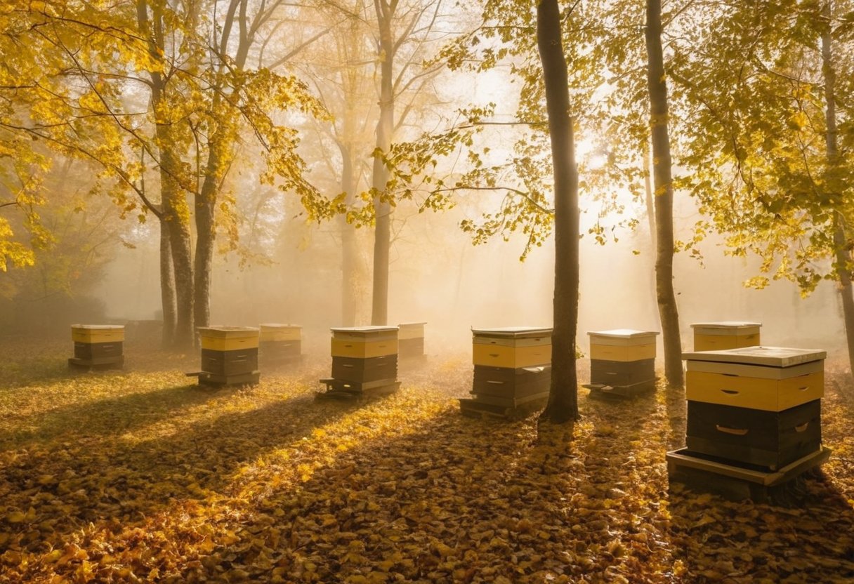 Beekeeping apiary in a misty October morning — wooden hives among golden autumn forest