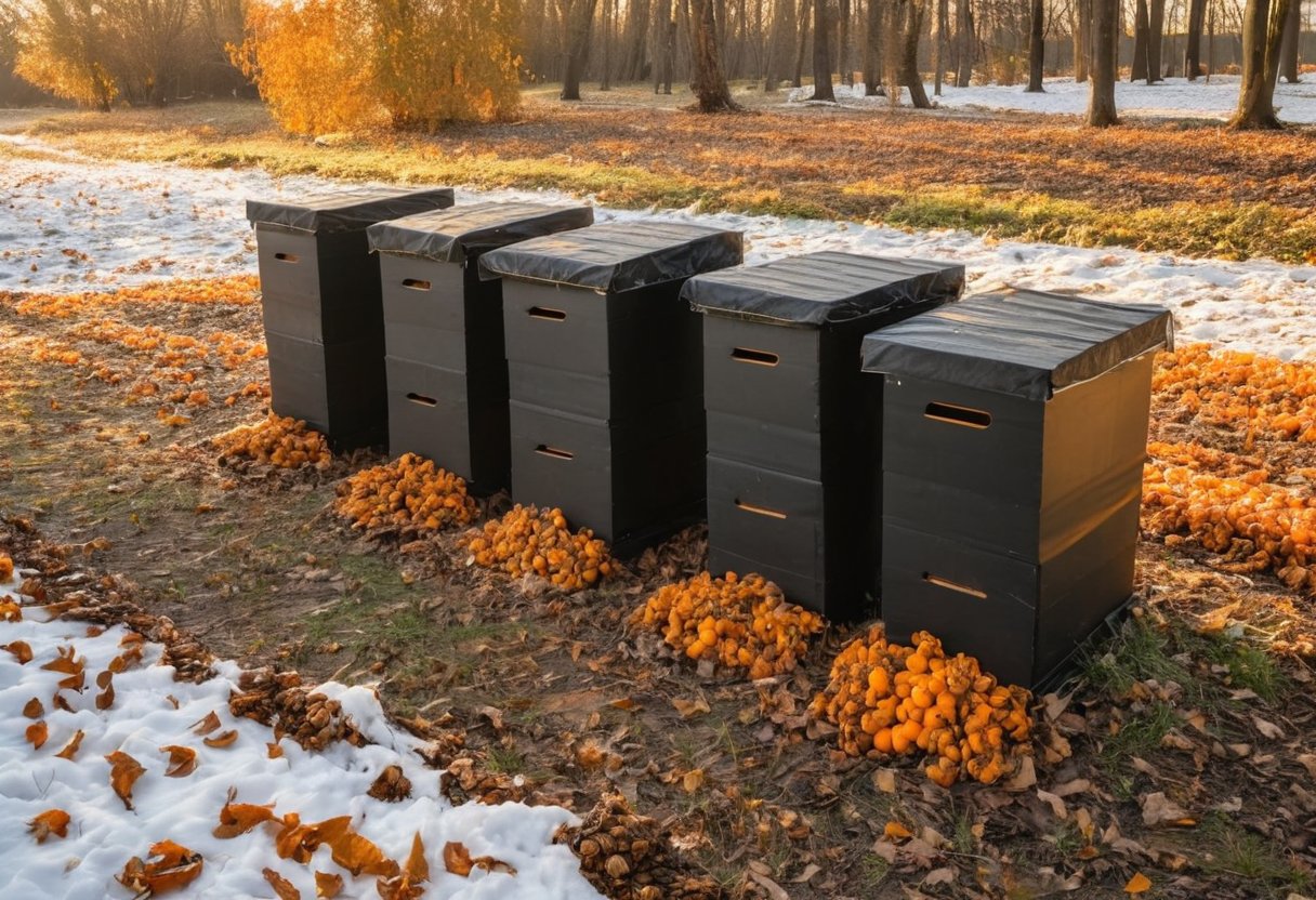 Hives prepared for winter with insulated wraps and roof covers