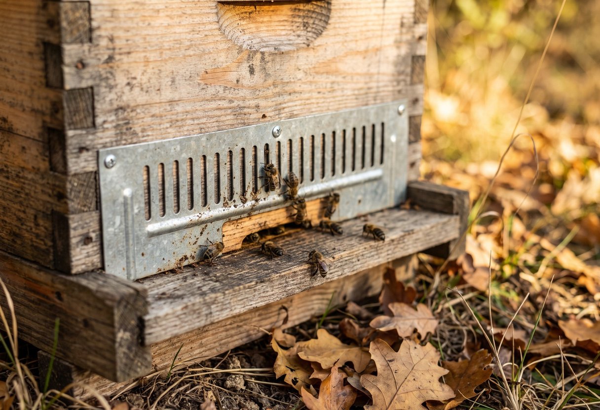 Metal mouse guard mounted on a hive entrance on an autumn day