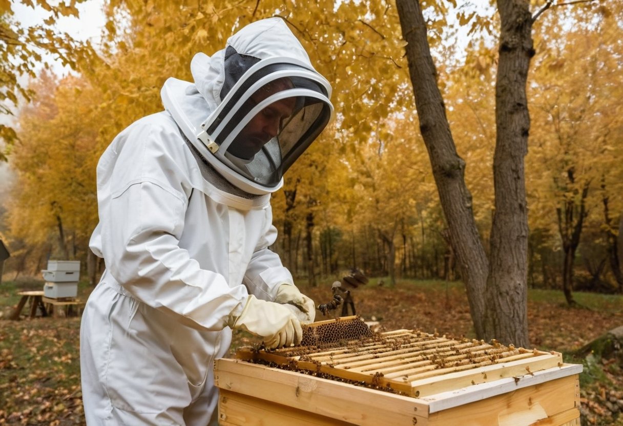 Beekeeper performing an oxalic acid varroa treatment on a hive in autumn