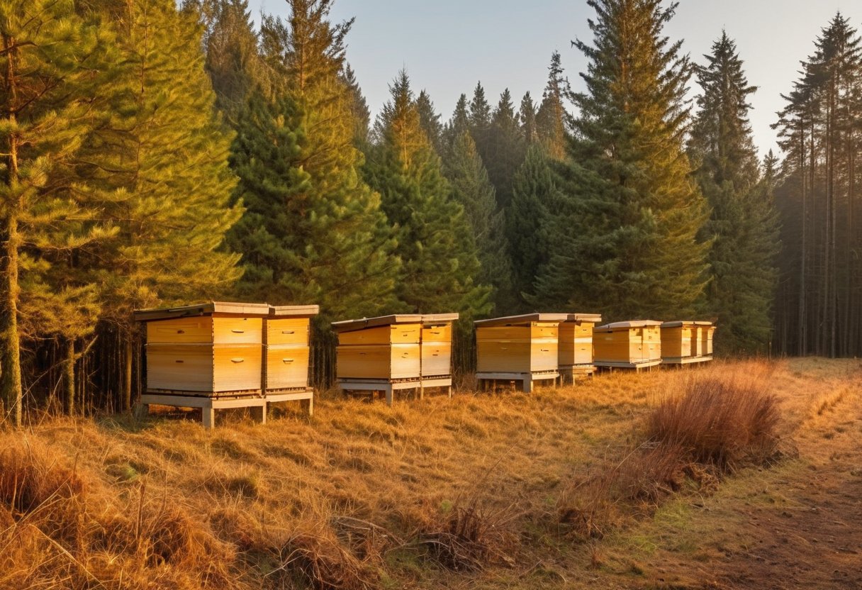 Hives lined up behind a natural windbreak of coniferous trees