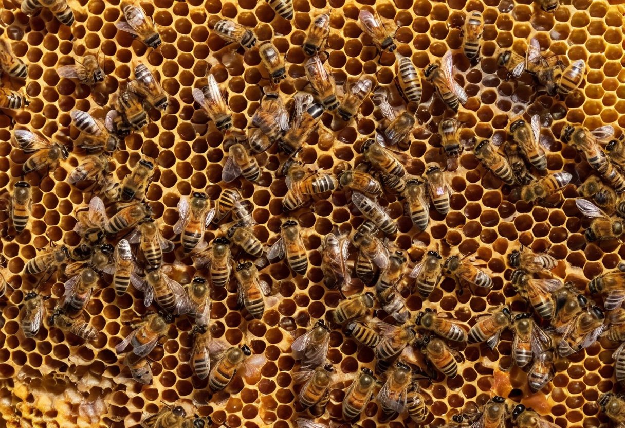 Winter bees clustered on a comb frame inside the hive