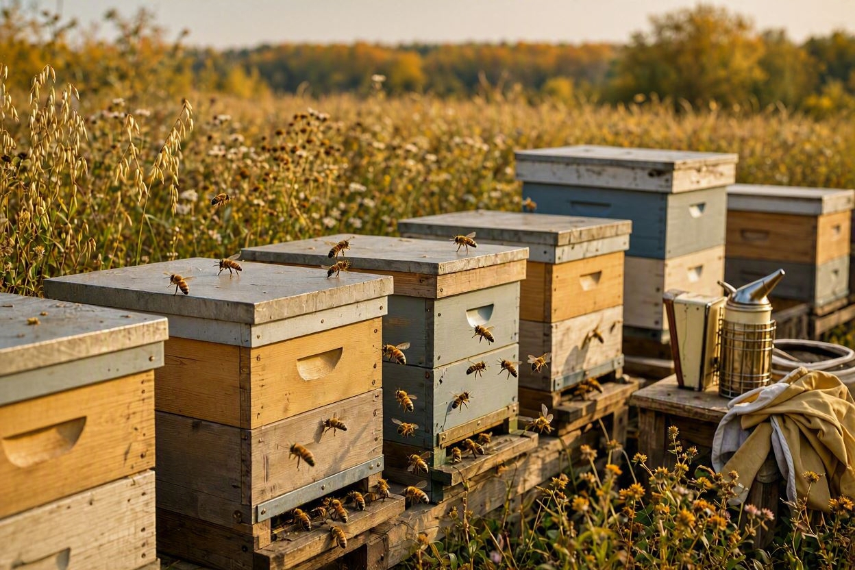 September apiary overview with a beekeeper checking winter stores and brood frames in late autumn