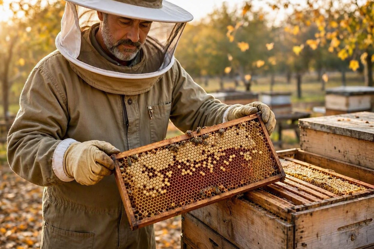 Beekeeper inspecting brood frames and colony strength during a September hive assessment