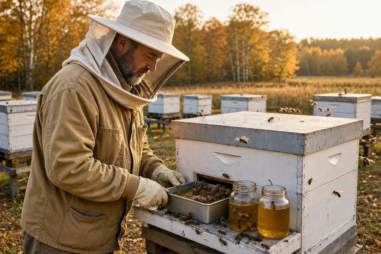 Beekeeper feeding a September hive to build winter stores and support colony survival