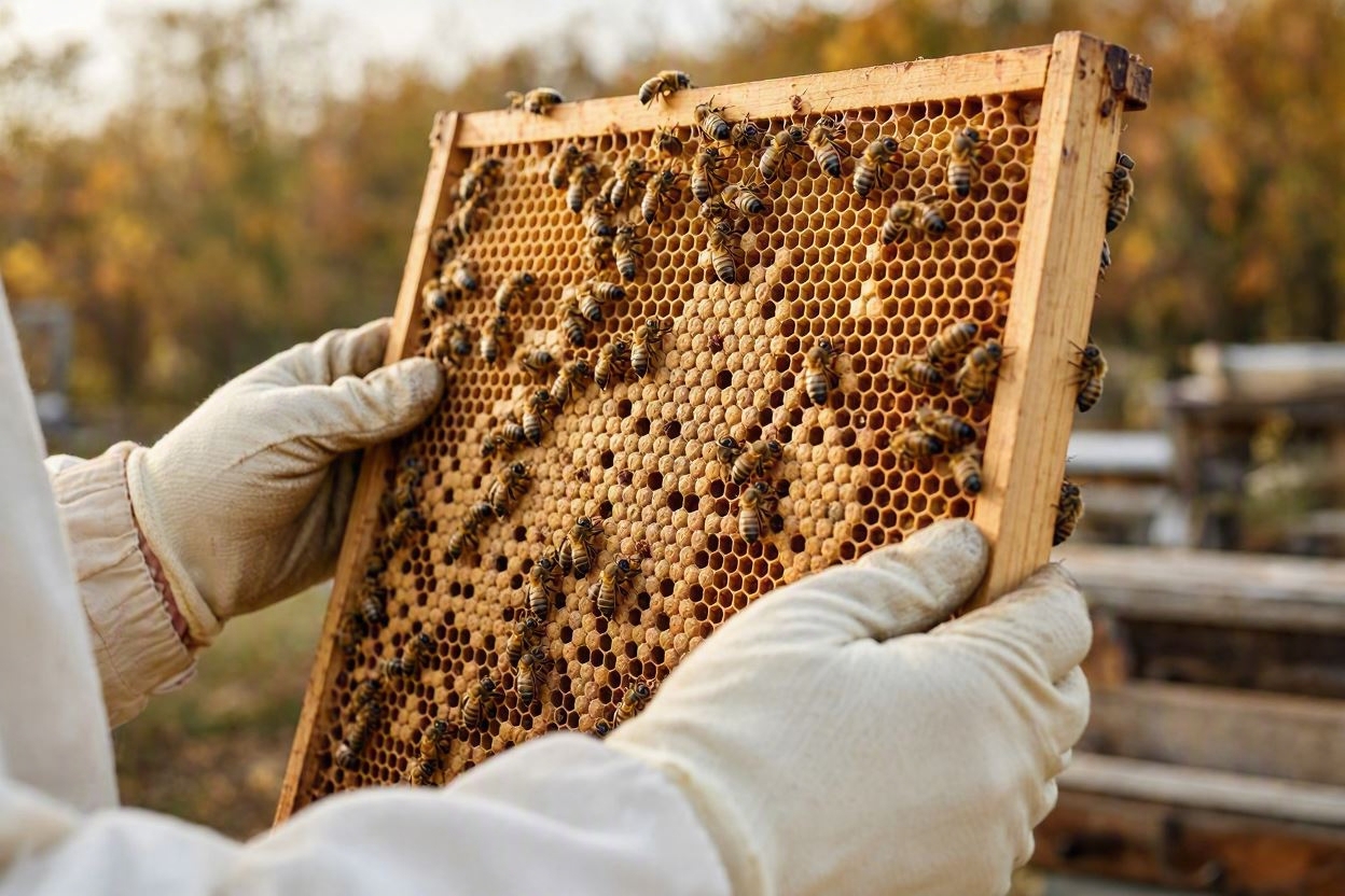 Beekeeper checking brood frames for varroa and colony health before autumn treatment