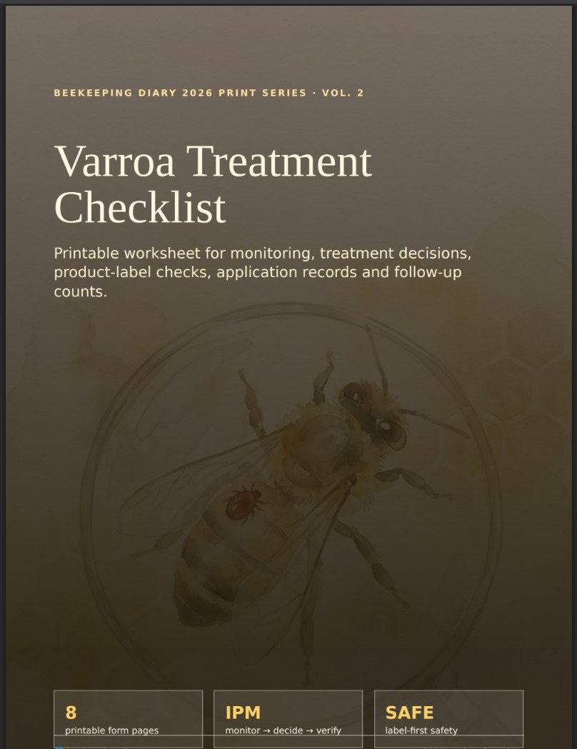 Varroa Treatment Checklist cover — 8 printable form pages, IPM monitor decide verify, label-first safety